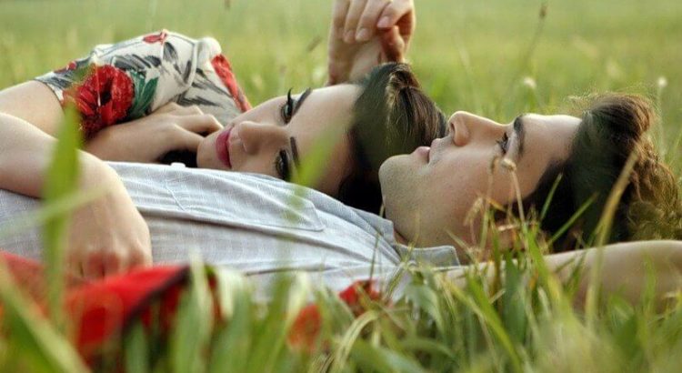 couple lies in grass